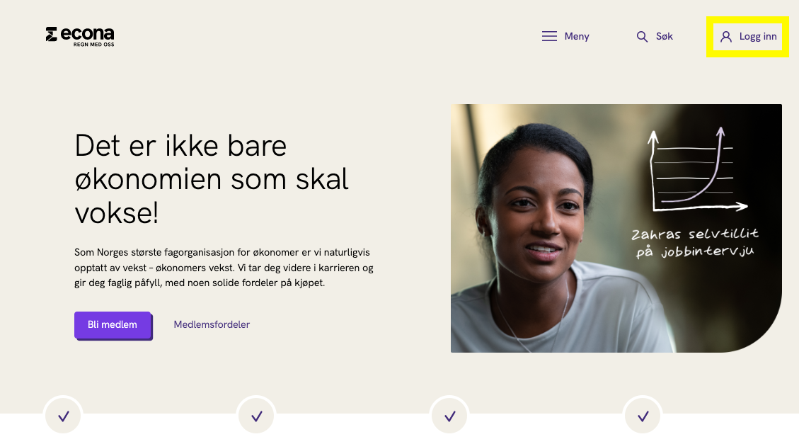 Skjermbilde fra econa.no: finn logg inn-knappen