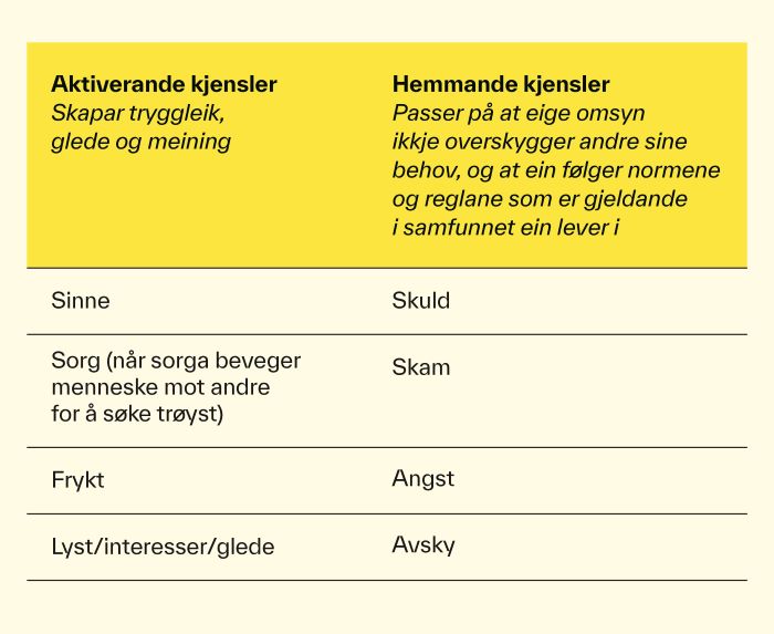 Tabelloversikt av følelser.